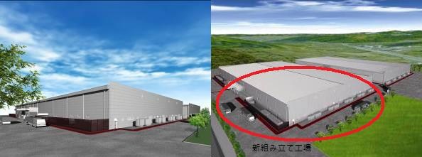 左：新組立工場の完成予想図　右：赤マルは新組立工場予想図
