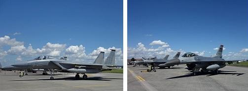 F22のおかげで存在感が薄めですが、F15戦闘機(左)とF16戦闘機(右)も健在です。F22を見てしまうと旧式の印象がありますが、それでも充分カッコイイ！