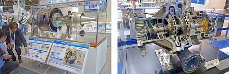 写真左：787用のエンジンGEnxの模型。写真右：液水ターボポンプ。ちなみに液酸ターボポンプも似たような形状です。ひとつのエンジンに両方あります。